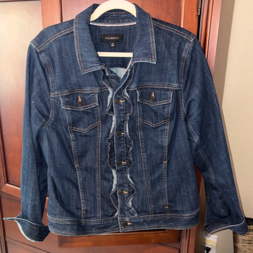 Talbots Sz XL Dark Blue Denim Jacket with Ruffle Accent - Picture 2 of 5